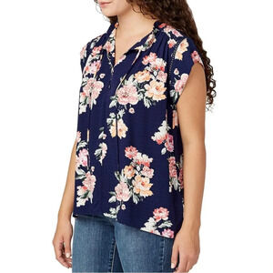 Buffalo Flutter Sleeve Floral Split Neck Top Navy Blossoms XXL Womens Spring